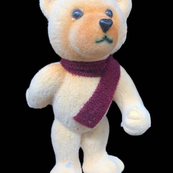 Vintage Blow Mold Flocked Teddy Bear Burgundy Scarf Christmas Ornament - Picture 2 of 9
